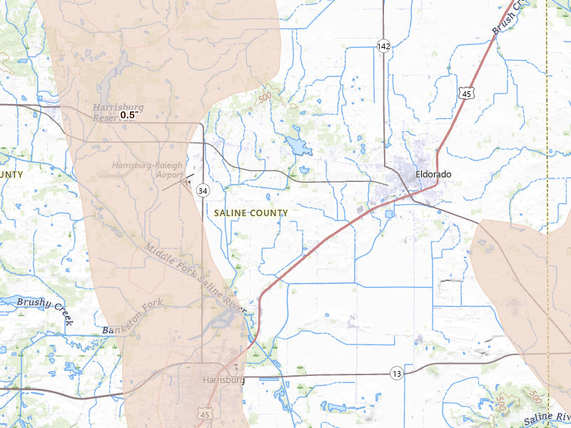Radar-estimated hail-size map of the storm over Harrisburg, IL on Jul 26, 2026