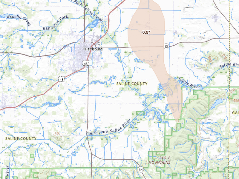 Radar-estimated hail-size map of the storm over Harrisburg, IL on Aug 12, 2026