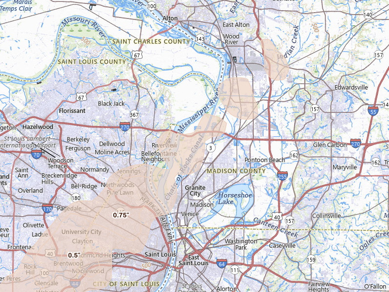 Radar-estimated hail-size map of the storm over Hartford, IL on Apr 26, 2026
