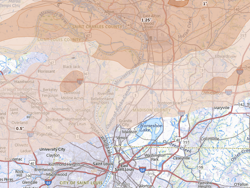 Radar-estimated hail-size map of the storm over Hartford, IL on Apr 27, 2026