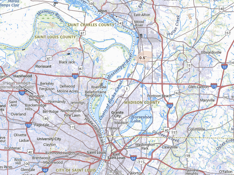 Radar-estimated hail-size map of the storm over Hartford, IL on May 16, 2026