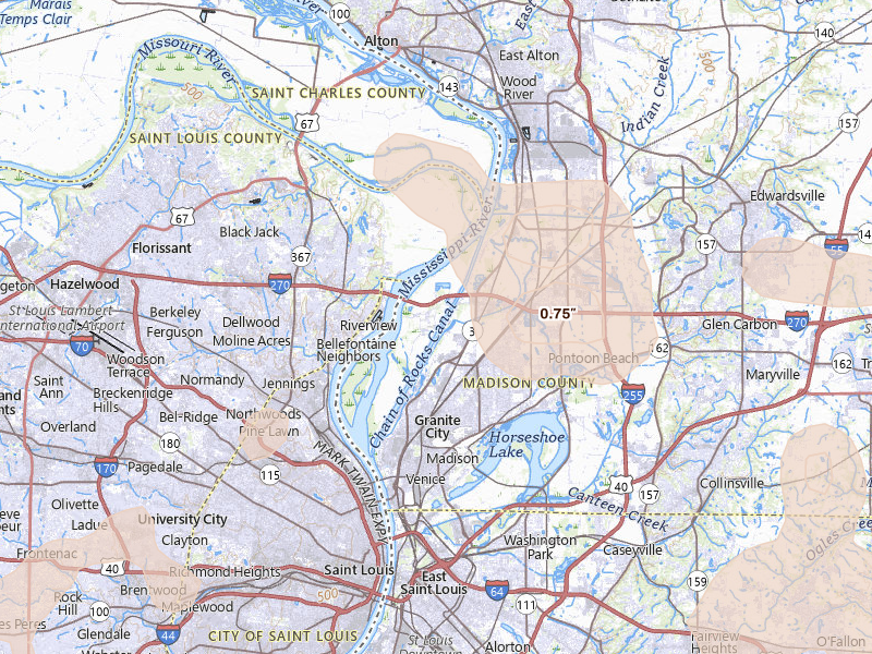 Radar-estimated hail-size map of the storm over Hartford, IL on May 31, 2026