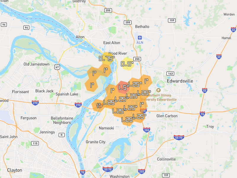 Hail map of Hartford, IL on Jun 1, 2026, hail up to 1.5"