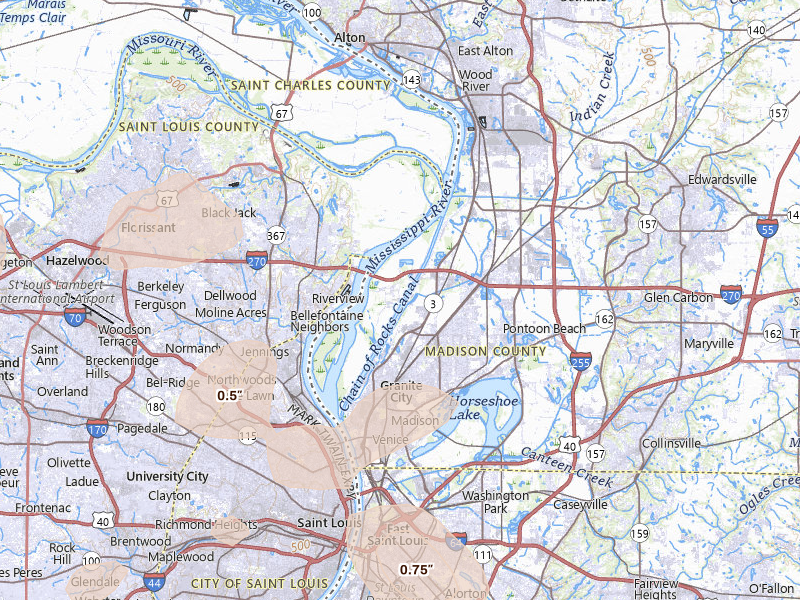 Radar-estimated hail-size map of the storm over Hartford, IL on Jul 4, 2026