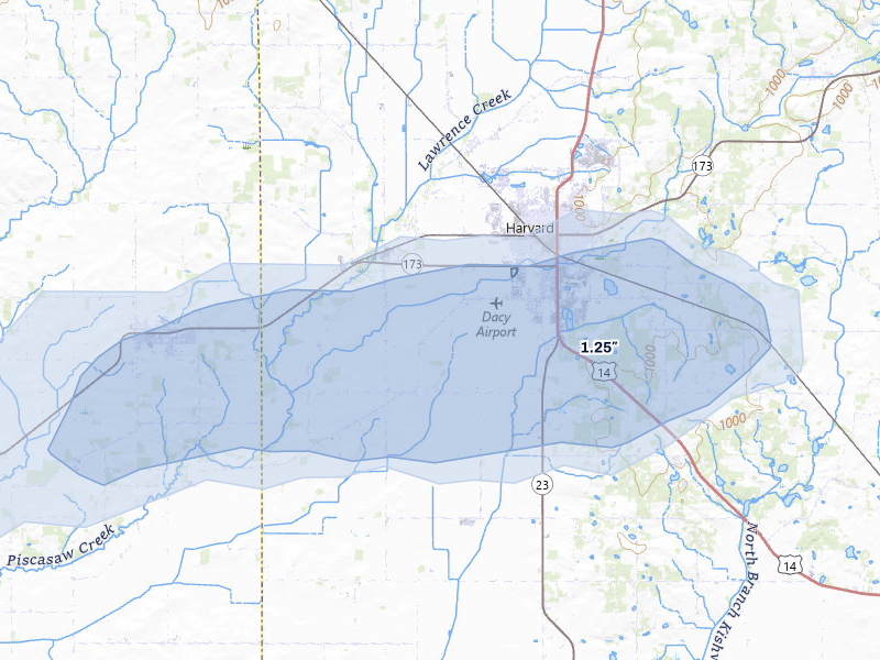 NEXRAD radar-signature map of the hail over Harvard, IL