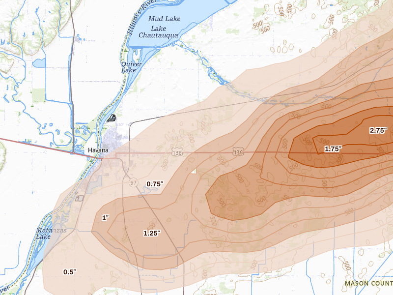 Radar-estimated hail-size map of the storm over Havana, IL on Apr 3, 2026