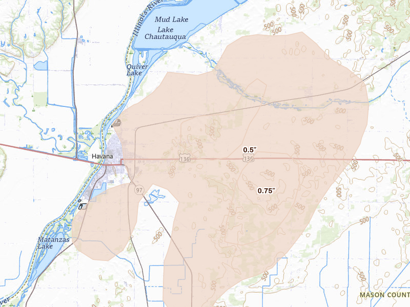Radar-estimated hail-size map of the storm over Havana, IL on Jun 10, 2026