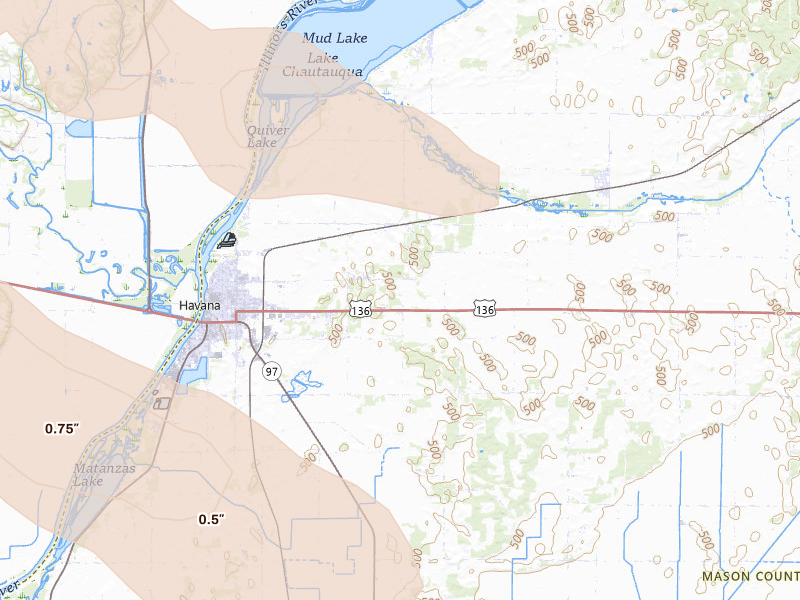 Radar-estimated hail-size map of the storm over Havana, IL on Aug 21, 2026
