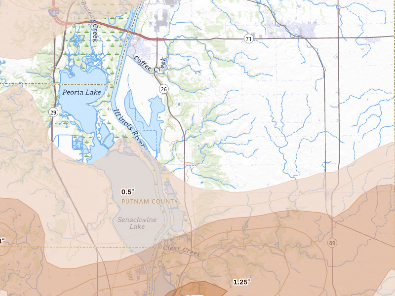 Radar-estimated hail-size map of the storm over Hennepin, IL on Mar 10, 2026