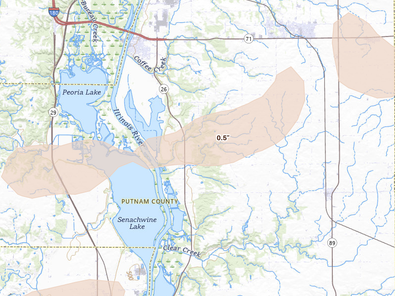 Radar-estimated hail-size map of the storm over Hennepin, IL on Apr 13, 2026