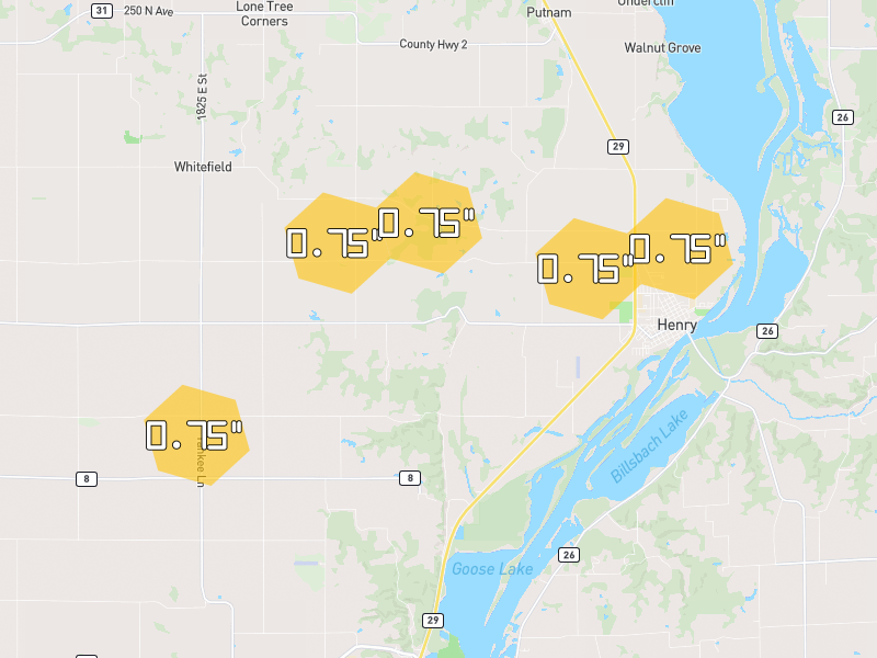 Hail map of Henry, IL on Jun 6, 2026, hail up to 0.75"