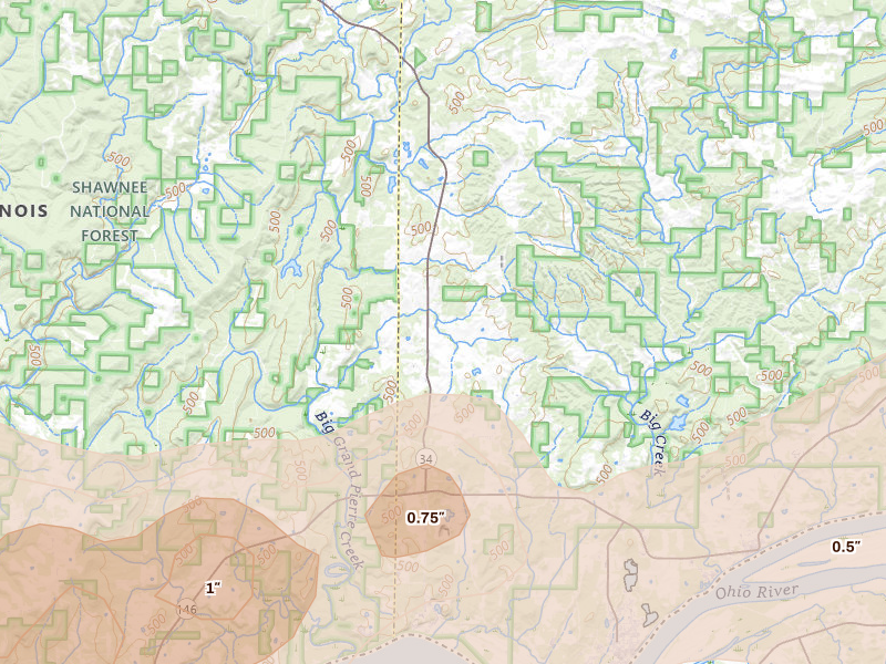 Radar-estimated hail-size map of the storm over Herod, IL on Mar 4, 2026
