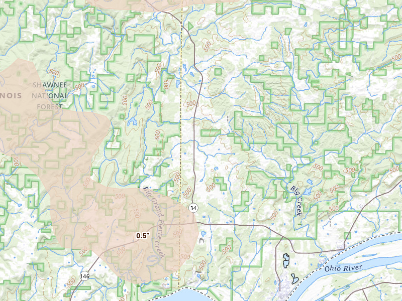 Radar-estimated hail-size map of the storm over Herod, IL on Jul 10, 2026