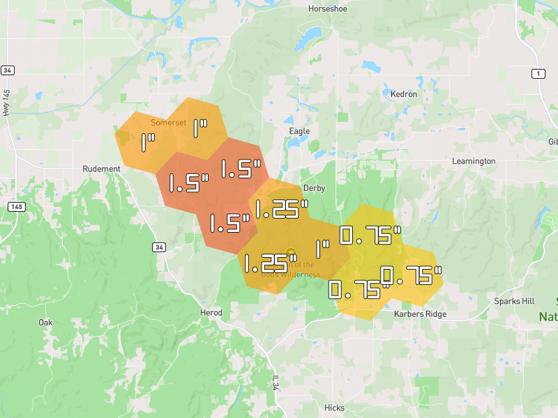 Hail map of Herod, IL on Jul 11, 2026, hail up to 1.5"