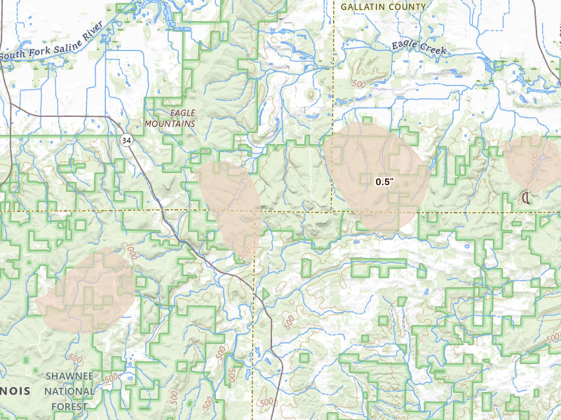 Radar-estimated hail-size map of the storm over Herod, IL on Aug 19, 2026