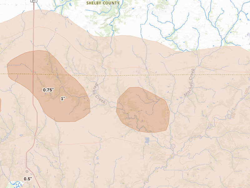Radar-estimated hail-size map of the storm over Herrick, IL on Apr 27, 2026