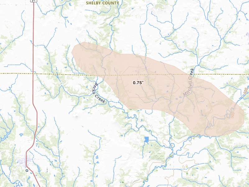 Radar-estimated hail-size map of the storm over Herrick, IL on Aug 19, 2026