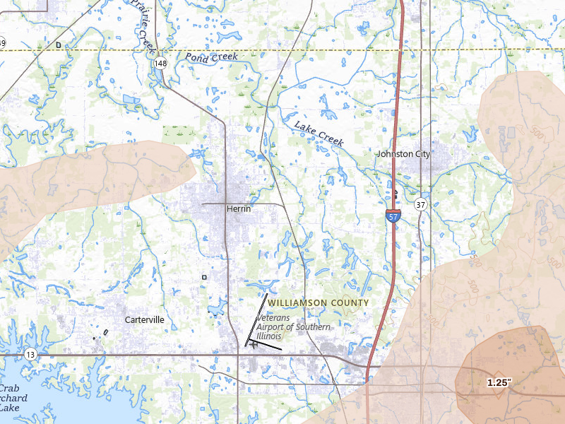Radar-estimated hail-size map of the storm over Herrin, IL on Apr 27, 2026