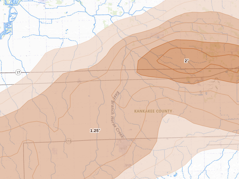 Radar-estimated hail-size map of the storm over Herscher, IL on Mar 10, 2026