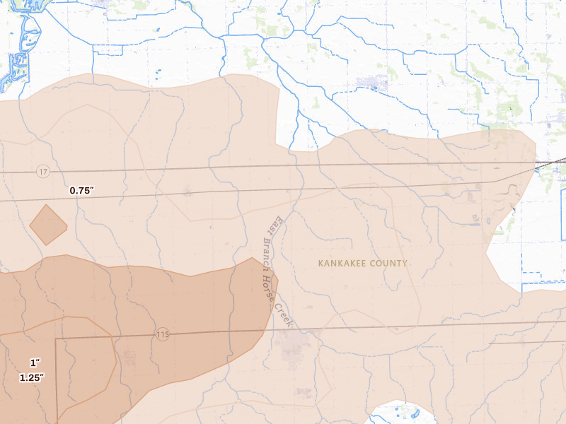 Radar-estimated hail-size map of the storm over Herscher, IL on Apr 13, 2026