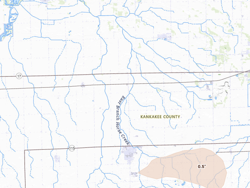 Radar-estimated hail-size map of the storm over Herscher, IL on Jul 9, 2026