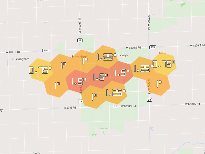 Hail map of Herscher, IL on Jul 10, 2026, hail up to 1.5"