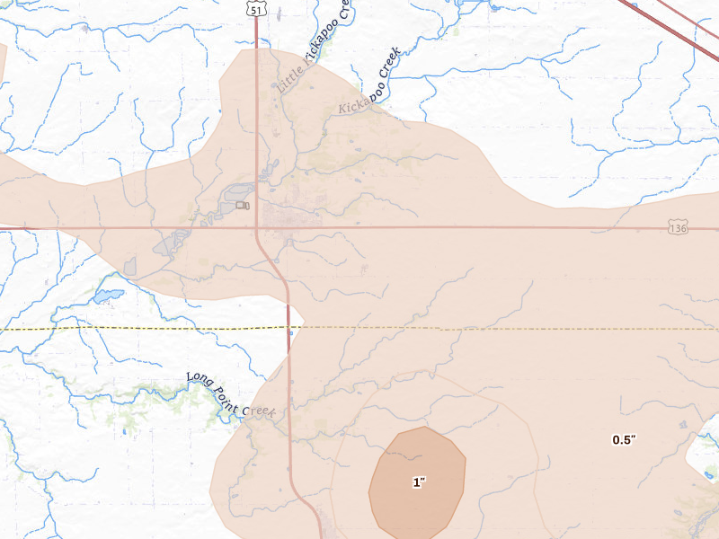 Radar-estimated hail-size map of the storm over Heyworth, IL on Aug 11, 2026