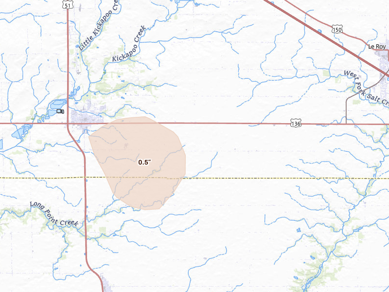 Radar-estimated hail-size map of the storm over Heyworth, IL on Aug 13, 2026