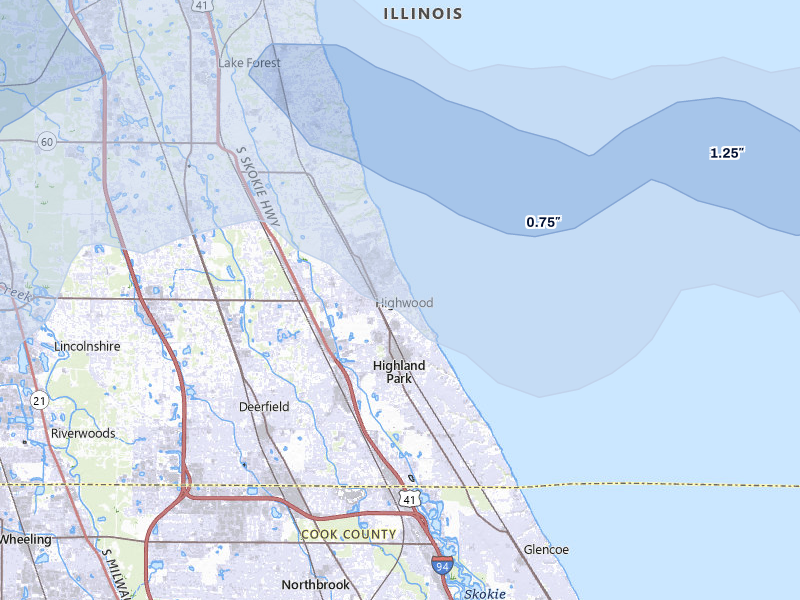 NEXRAD radar-signature map of the hail over Highland Park, IL