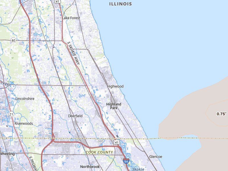 Radar-estimated hail-size map of the storm over Highland Park, IL on Jul 2, 2026
