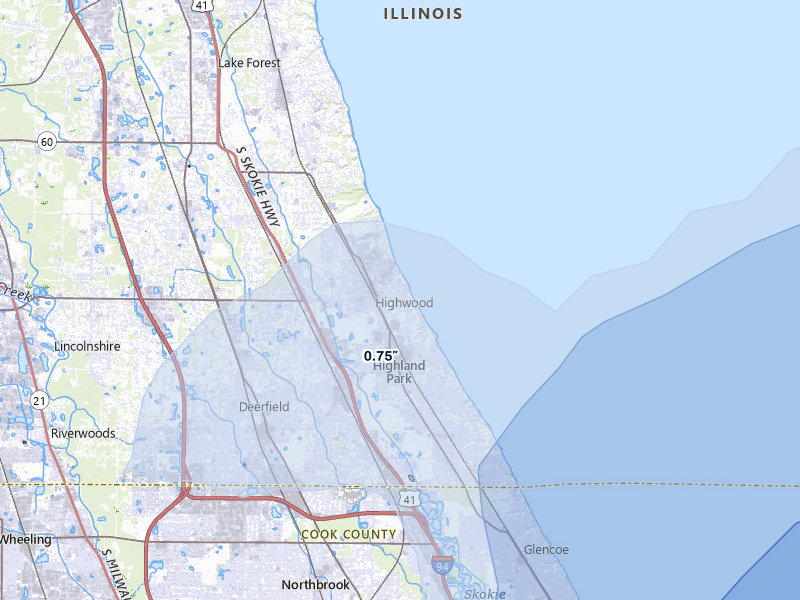 NEXRAD radar-signature map of the hail over Highland Park, IL