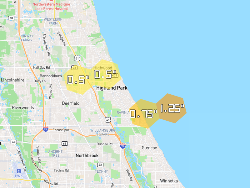 Hail map of Highland Park, IL on Jul 3, 2026, hail up to 1.25"