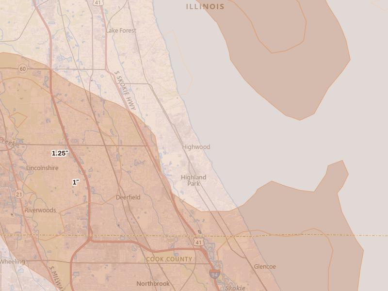 Radar-estimated hail-size map of the storm over Highland Park, IL