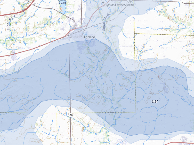 NEXRAD radar-signature map of the hail over Highland, IL