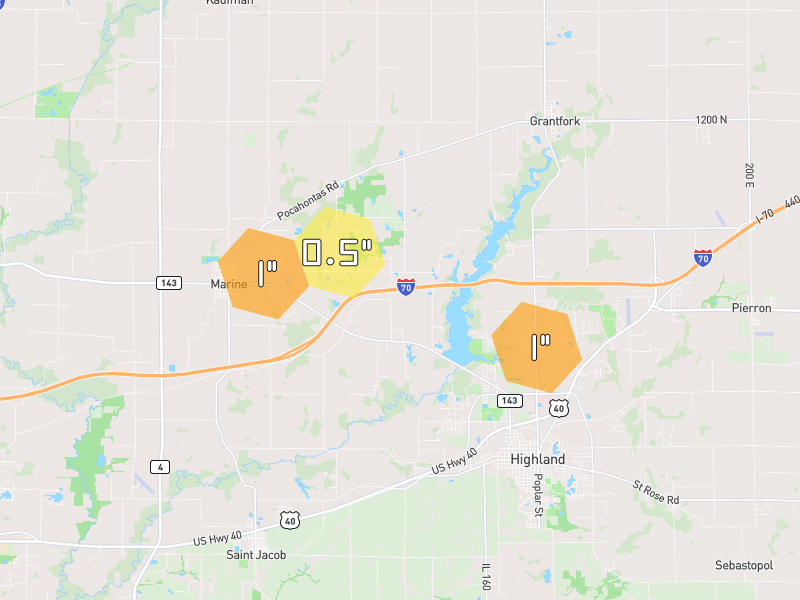 Hail map of Highland, IL on Jun 1, 2026, hail up to 1"