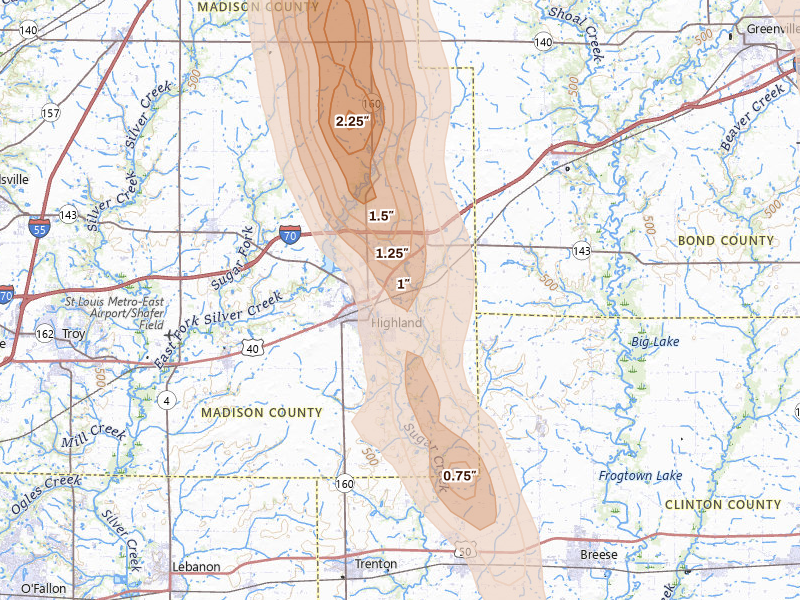 Radar-estimated hail-size map of the storm over Highland, IL on Aug 21, 2026