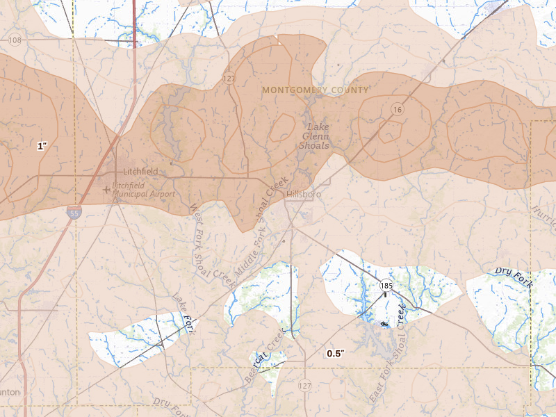 Radar-estimated hail-size map of the storm over Hillsboro, IL on Apr 27, 2026