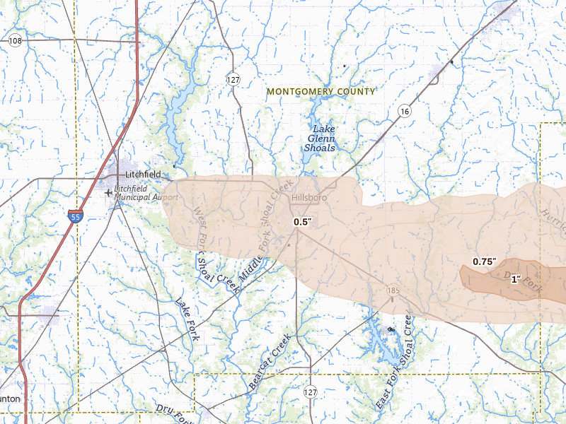 Radar-estimated hail-size map of the storm over Hillsboro, IL on May 4, 2026