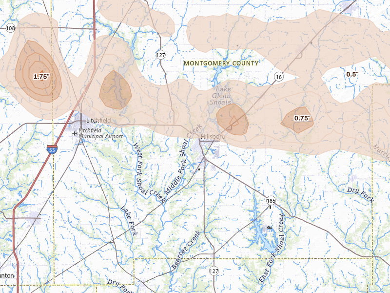 Radar-estimated hail-size map of the storm over Hillsboro, IL on Jun 17, 2026