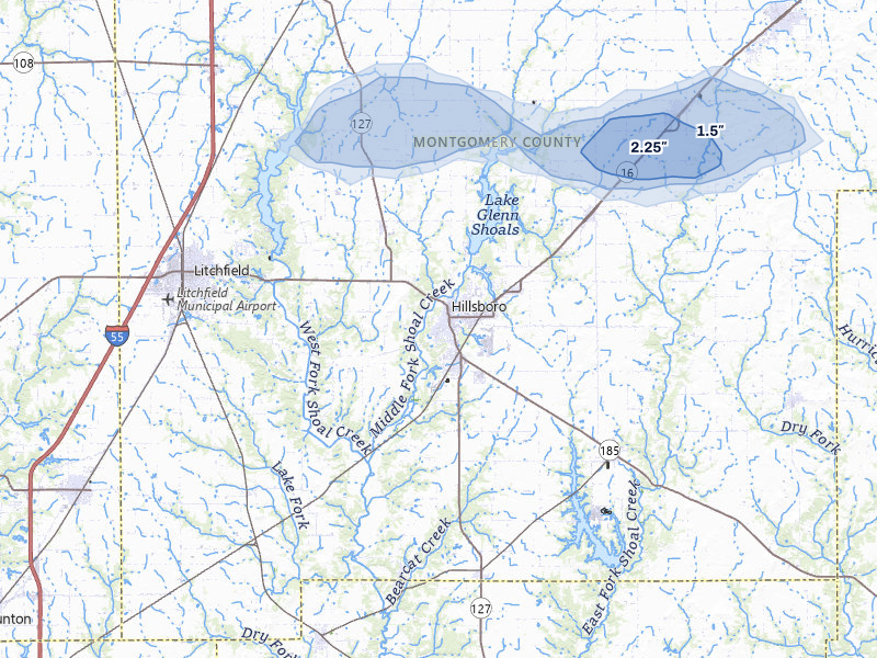 NEXRAD radar-signature map of the hail storm over Hillsboro, IL on Jul 9, 2026
