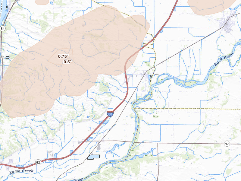Radar-estimated hail-size map of the storm over Hillsdale, IL on Jul 3, 2026
