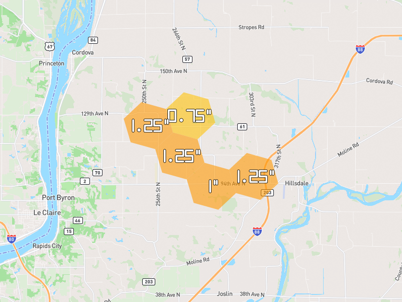 Hail map of Hillsdale, IL on Jul 4, 2026, hail up to 1.25"