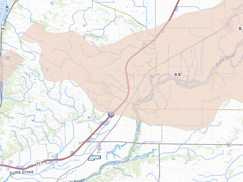 Radar-estimated hail-size map of the storm over Hillsdale, IL on Aug 11, 2026