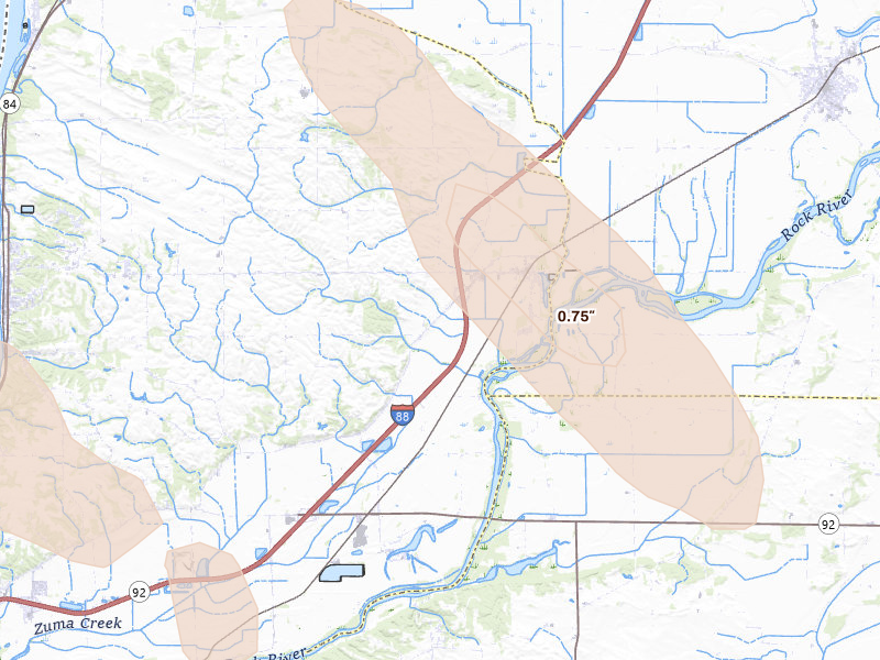 Radar-estimated hail-size map of the storm over Hillsdale, IL on Aug 21, 2026