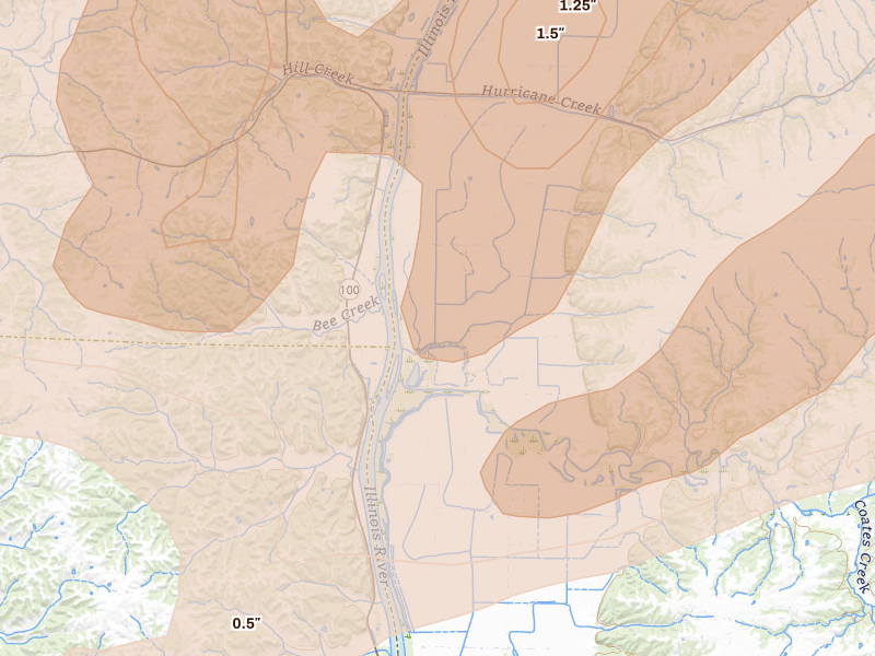 Radar-estimated hail-size map of the storm over Hillview, IL on Apr 27, 2026