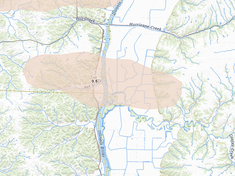 Radar-estimated hail-size map of the storm over Hillview, IL on May 4, 2026