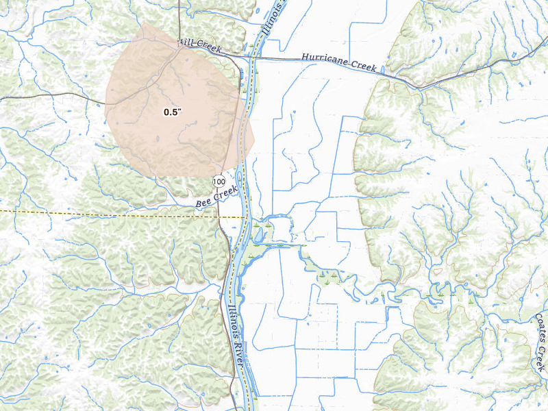 Radar-estimated hail-size map of the storm over Hillview, IL on May 31, 2026