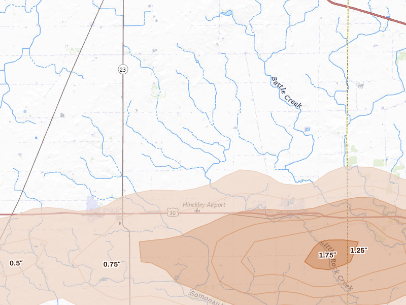 Radar-estimated hail-size map of the storm over Hinckley, IL on Mar 30, 2026
