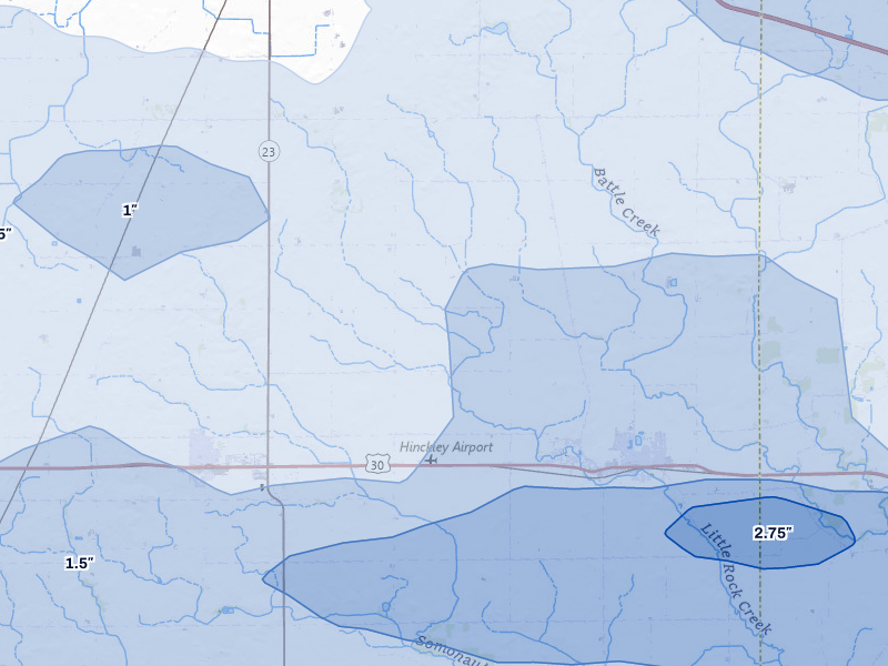 NEXRAD radar-signature map of the hail storm over Hinckley, IL on Mar 30, 2026