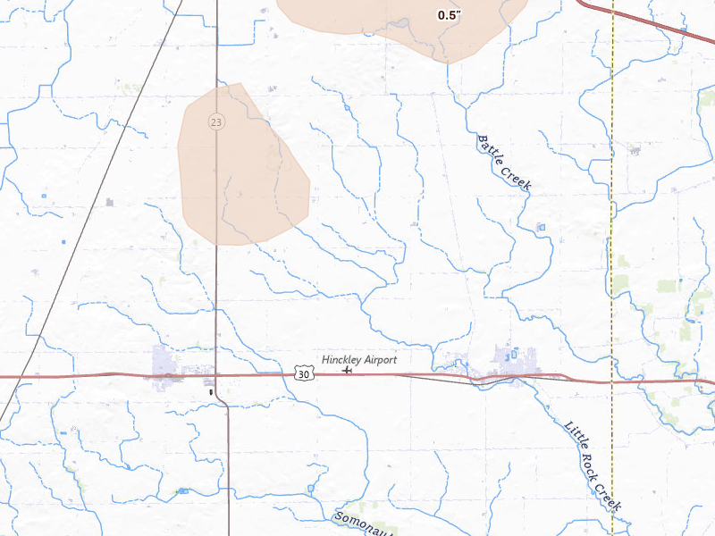 Radar-estimated hail-size map of the storm over Hinckley, IL on Jun 10, 2026